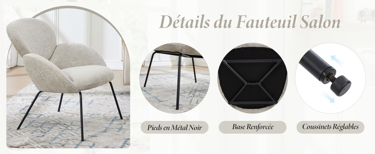 Le texte indique « Détails du Fauteuil Salon ». Trois vues d'une chaise longue moderne présentées dans des variantes blanches et noires avec des détails techniques sur les composants.