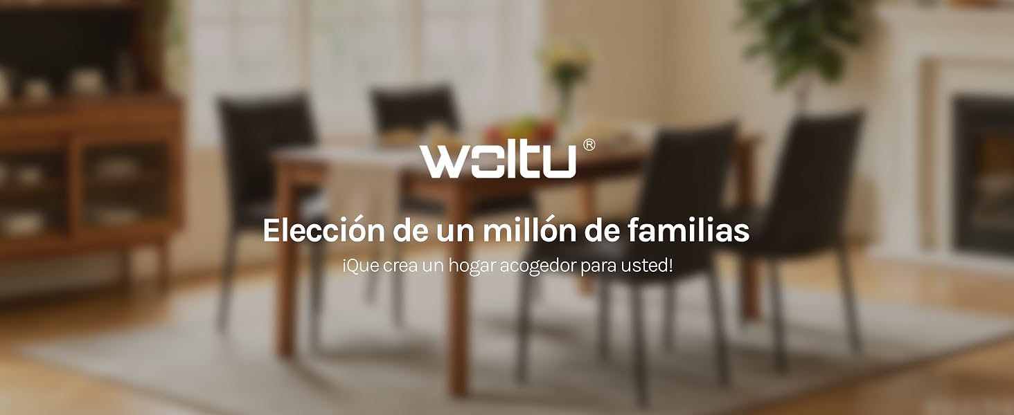 El texto dice «welltü» y «Elección de un millón de familias». La imagen muestra el interior de una sala de estar moderna con muebles, iluminación cálida y un ambiente hogareño orientado a la familia.