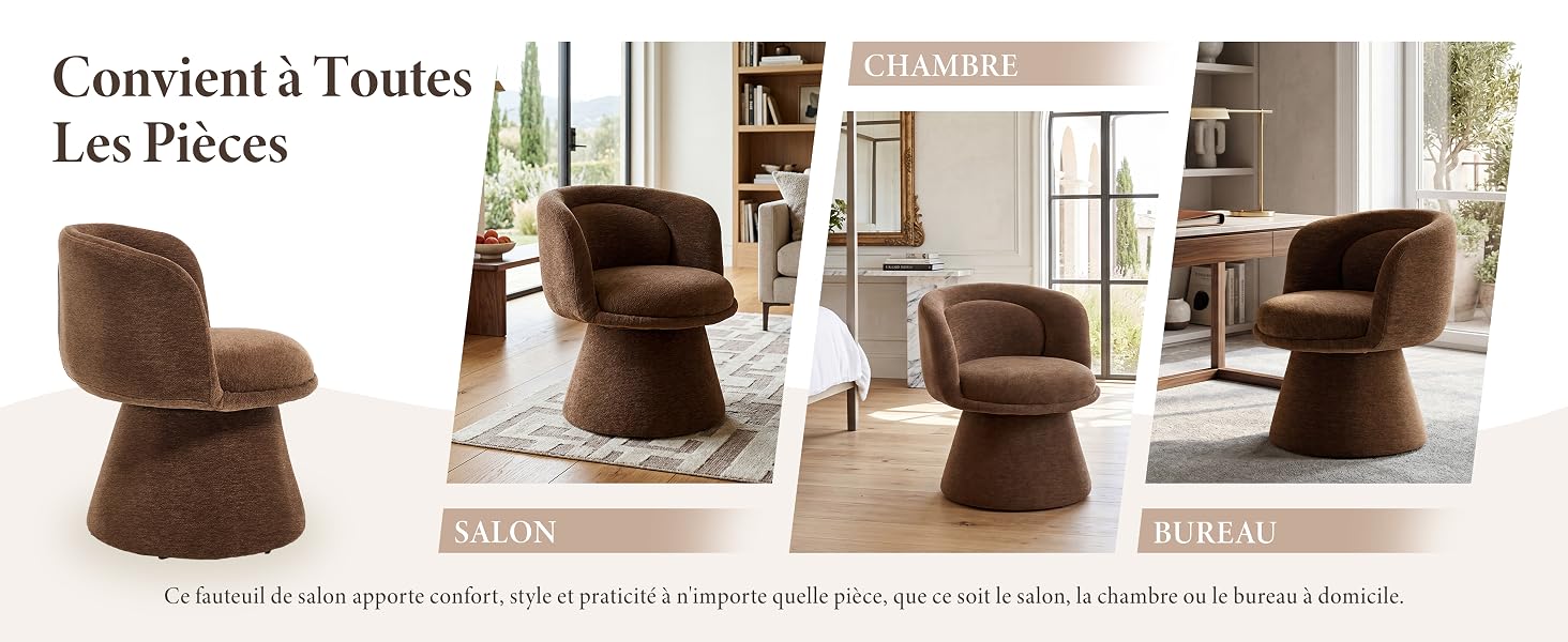 Le texte indique « Convient à Toutes Les Pièces » (Convient à toutes les pièces). Quatre chaises pivotantes rembourrées brunes présentées sous différents angles, avec des dossiers arrondis et des sièges rembourrés sur des bases modernes.