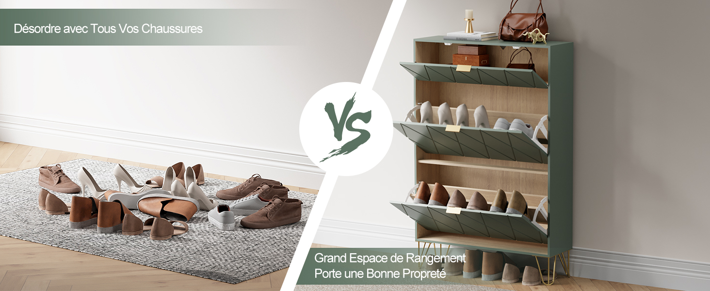 Comparaison de produits montrant des chaussures éparpillées sur le sol par rapport à une étagère à chaussures organisée à plusieurs niveaux avec des chaussures soigneusement rangées sur des étagères.