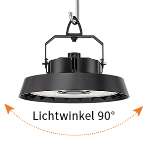 Schwarze Deckenleuchte im Industriestil mit breitem kreisförmigem Schirm. Das Diagramm zeigt den 90-Grad-Lichtwinkelbereich