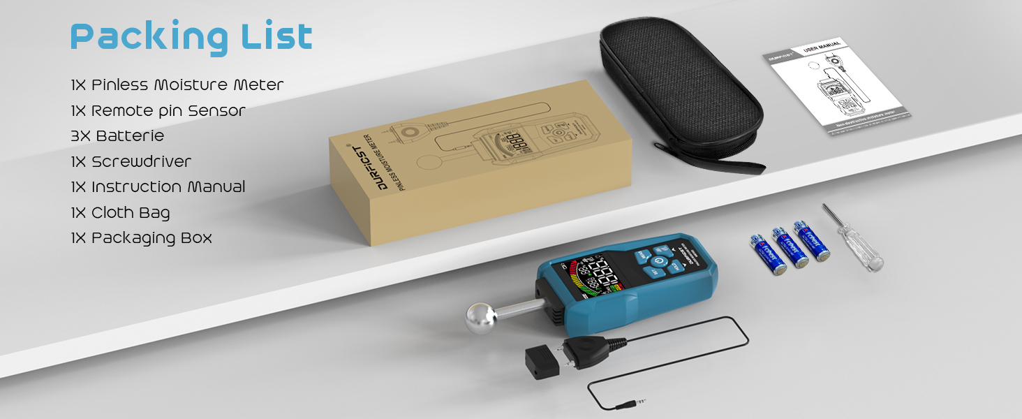 Produktpackliste mit verschiedenen Komponenten, darunter eine Fernbedienung, Sensoren und ein Hauptgerät mit Digitalanzeige. Die Artikel sind auf einer weißen Oberfläche angeordnet.