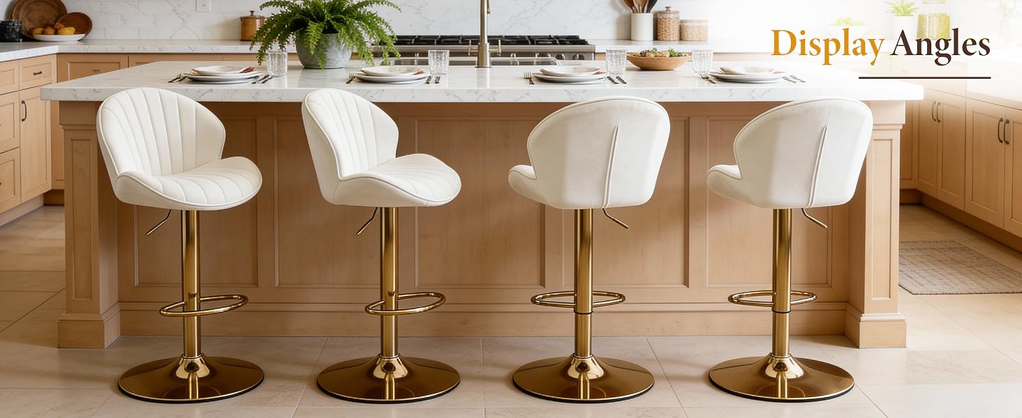 Text reads 'Display Angles'. Row of white bar-height chairs shown from different viewing angles against wooden floor.