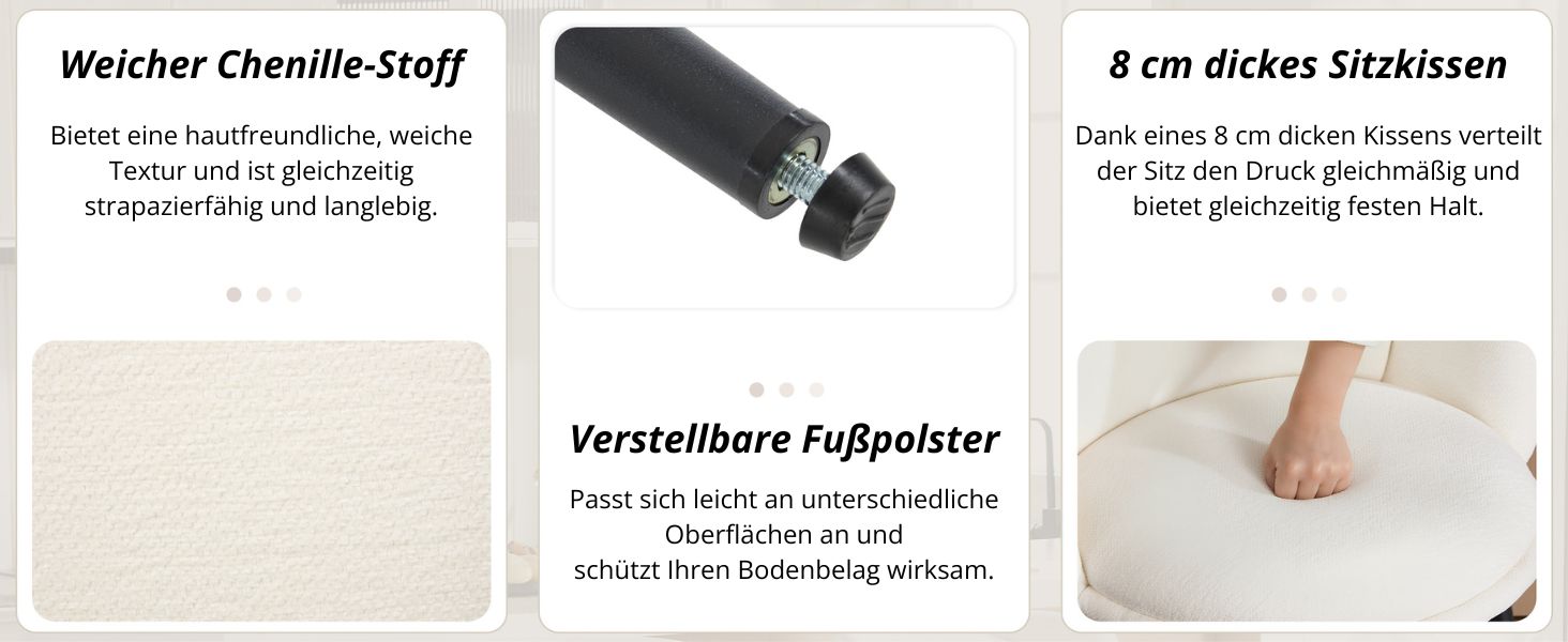 Der Text lautet „Weicher Chenille-Stoff“ und „8 cm dicke Sitzküssen“. Produktfotos, die die gepolsterte Fußstütze oder den Hocker aus verschiedenen Blickwinkeln zeigen und aus weichem Chenille-Stoff gefertigt sind.