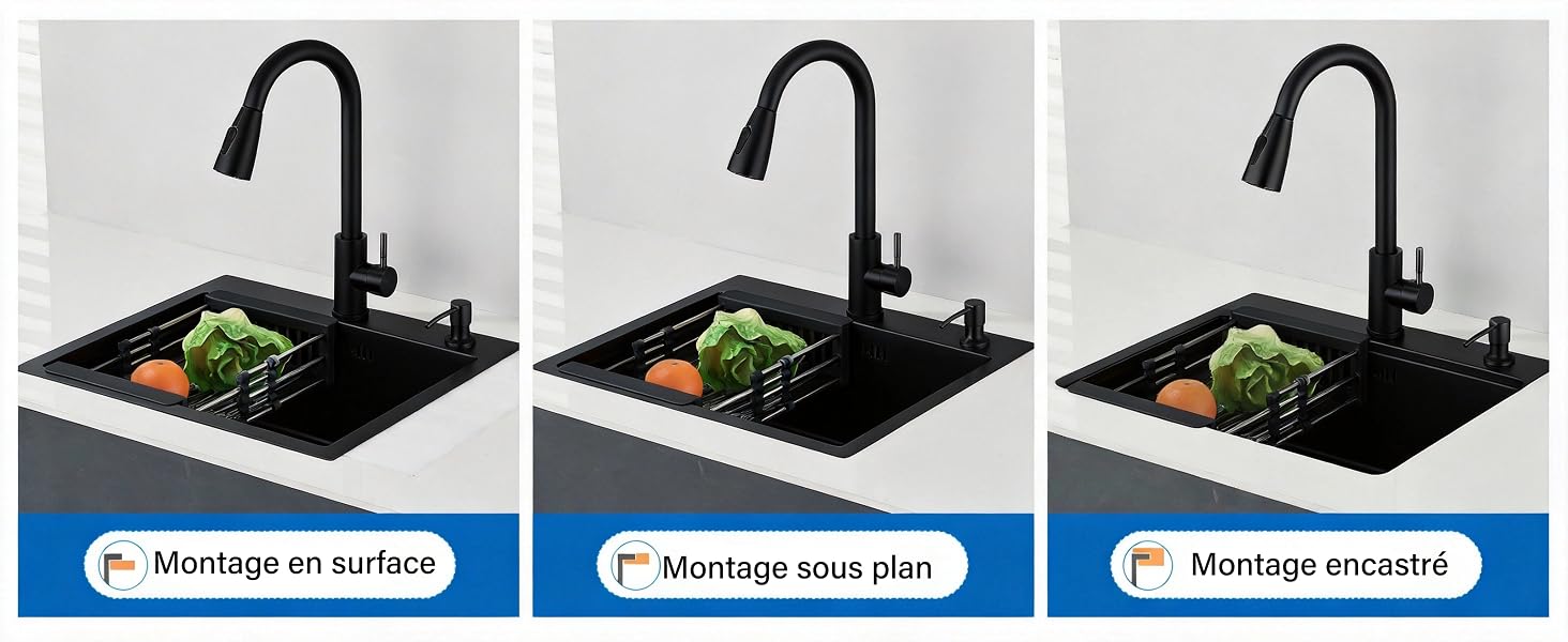 Le texte se lit comme suit : « Montage en surface », « Montage sous plan », « Montage encastré » (trois étiquettes relatives à la méthode d'installation). Trois robinets noirs identiques avec des plantes vertes dans un lavabo noir présentés dans trois configurations de montage différentes.
