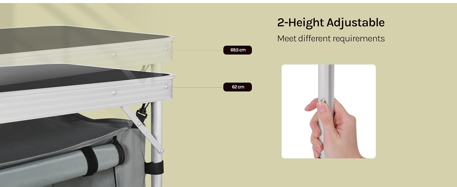 Text reads: '2-Height Adjustable'. Demonstration images showing adjustable mounting mechanism with hands illustrating installation steps.