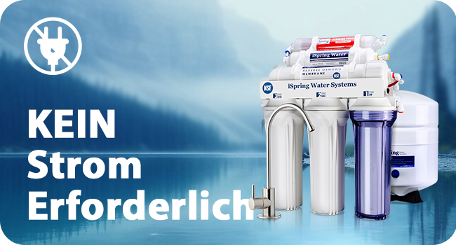 Mehrstufiges Wasserfiltersystem mit mehreren Kartuschen und Schläuchen, Text steht „KEIN Strom erforderlich“ (kein Strom