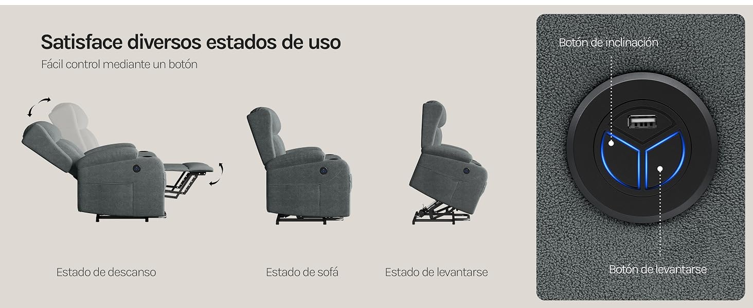 Diagrama de posiciones del sillón reclinable que muestra tres etapas de ajuste, con la interfaz de control digital que se muestra en el lado derecho