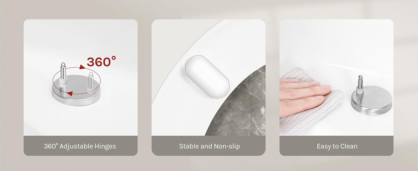 Text reads: '360°', 'not all angles meet eye', 'inside', 'not all', 'ring', 'not all'. Four product detail images showing different angles and features of a white device with rotating capability.
