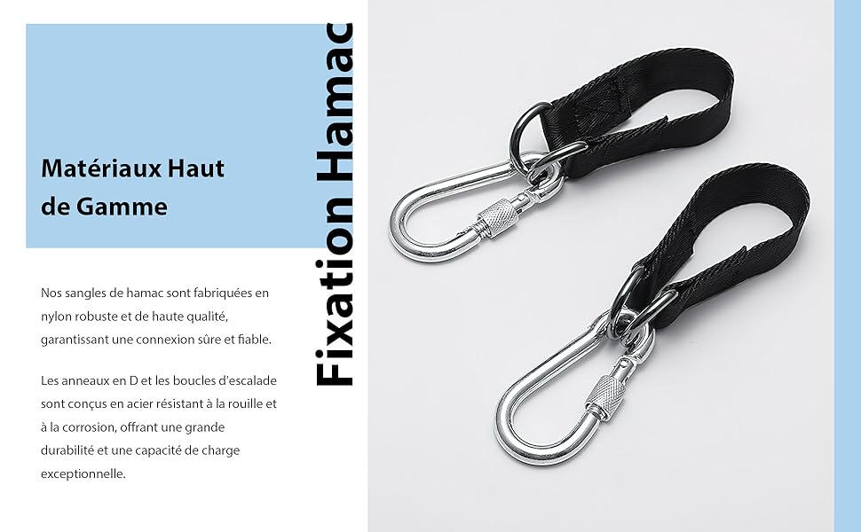 Deux attaches de bracelet noires avec mousquetons en métal, illustrées sur un fond bleu clair avec du texte en français