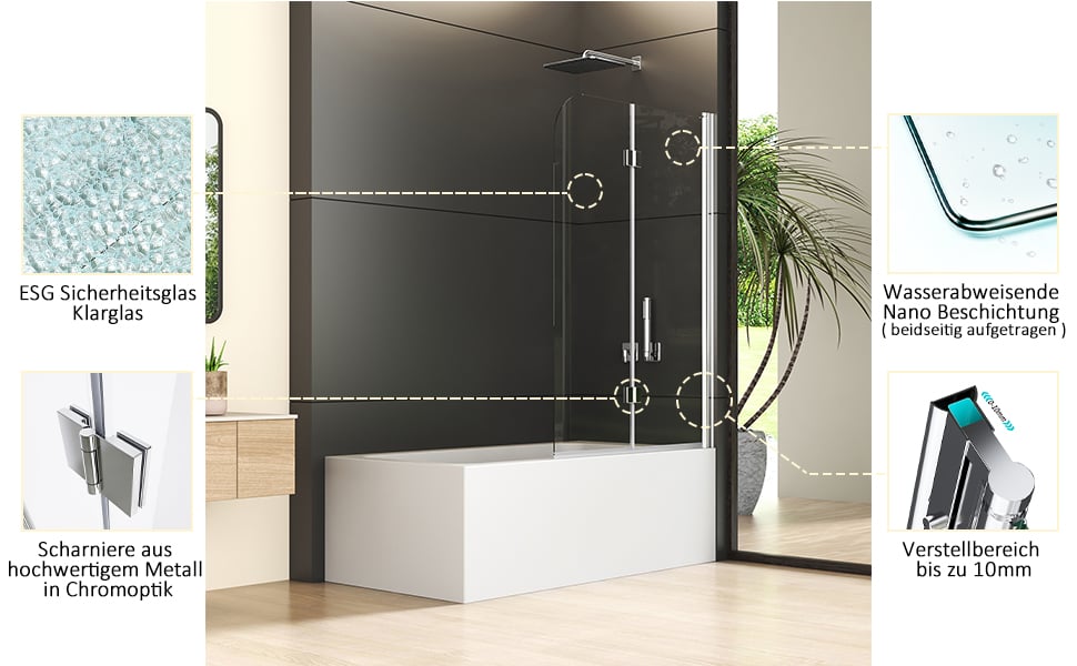 Doppelfaltflügeltür Duschabtrennung für Badewanne mit Nano-Sicherheitsglas