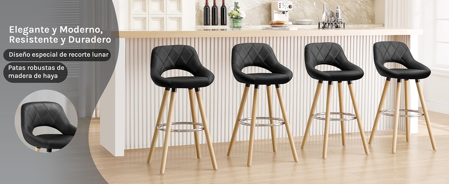 Cuatro taburetes de bar modernos tapizados en gris con respaldos curvos y patas de madera, dispuestos en fila en la encimera de la cocina. El texto indica que son elegantes, modernos, resistentes y duraderos