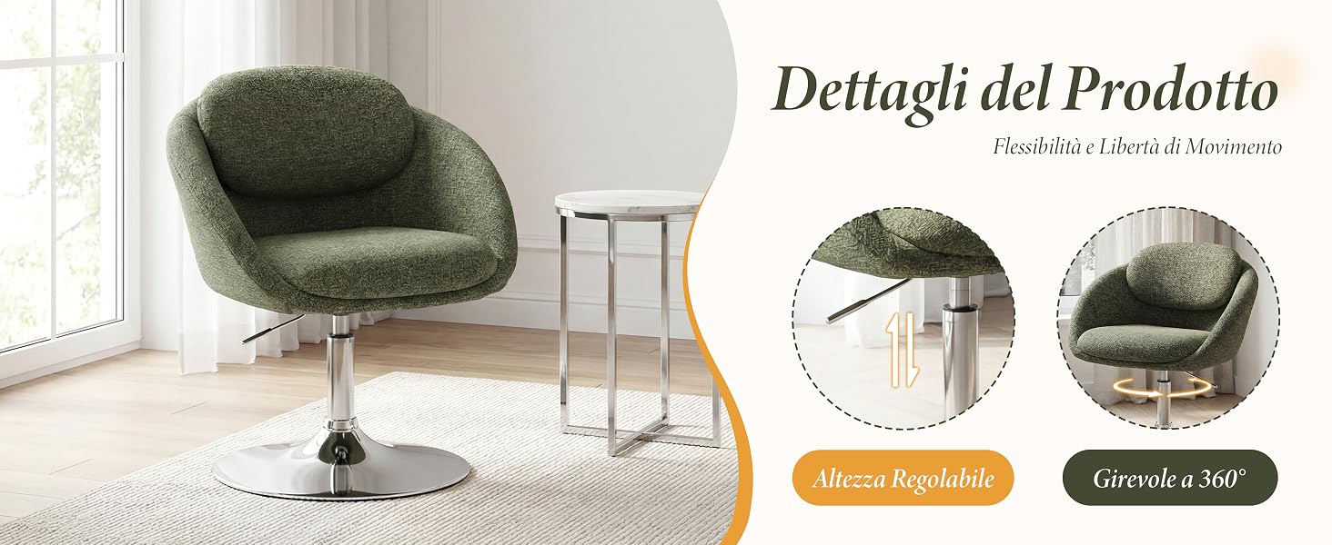 Il testo recita 'Dettagli del Prodotto'. Sedia a uovo imbottita verde oliva con forma curva su base nera. Include didascalie dettagliate che mostrano la trama e la struttura del sedile. Due pulsanti di azione visibili di seguito.