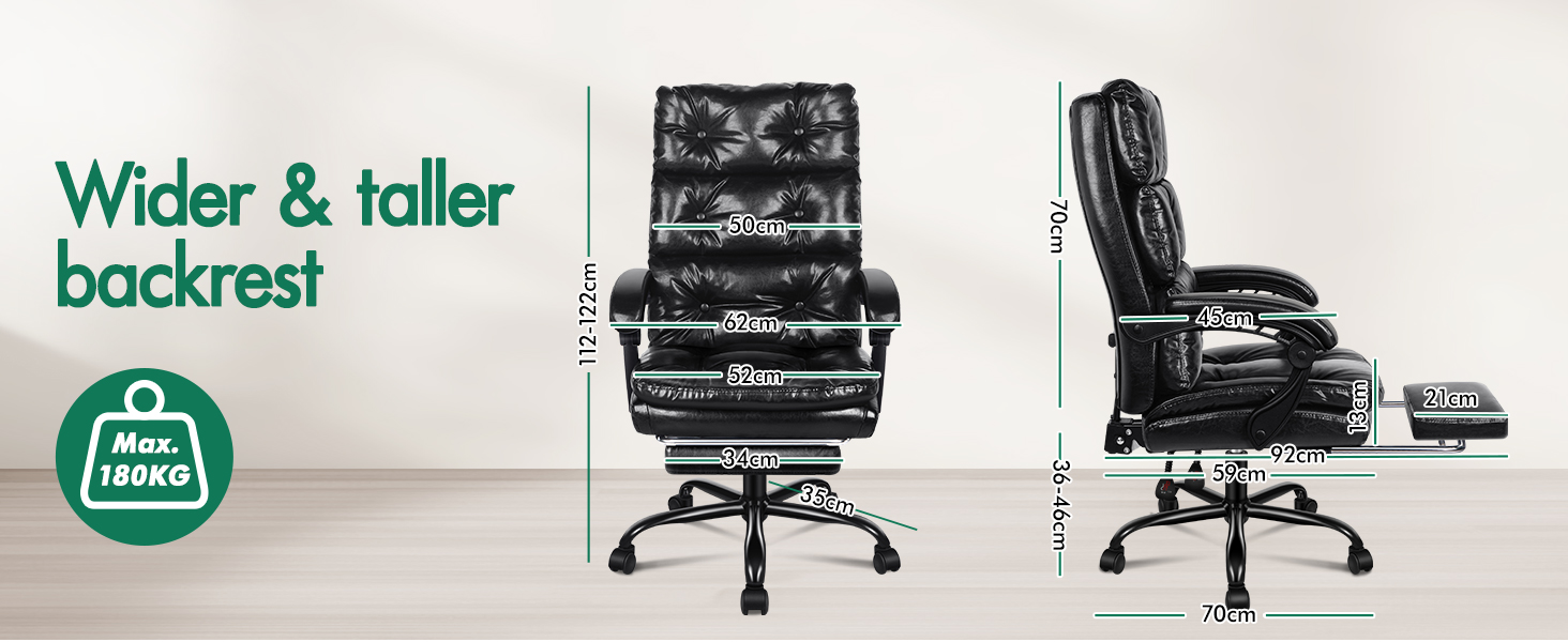 Text reads 'Wider & taller' and 'backrest'. Office chair comparison diagram showing different size and adjustment features.
