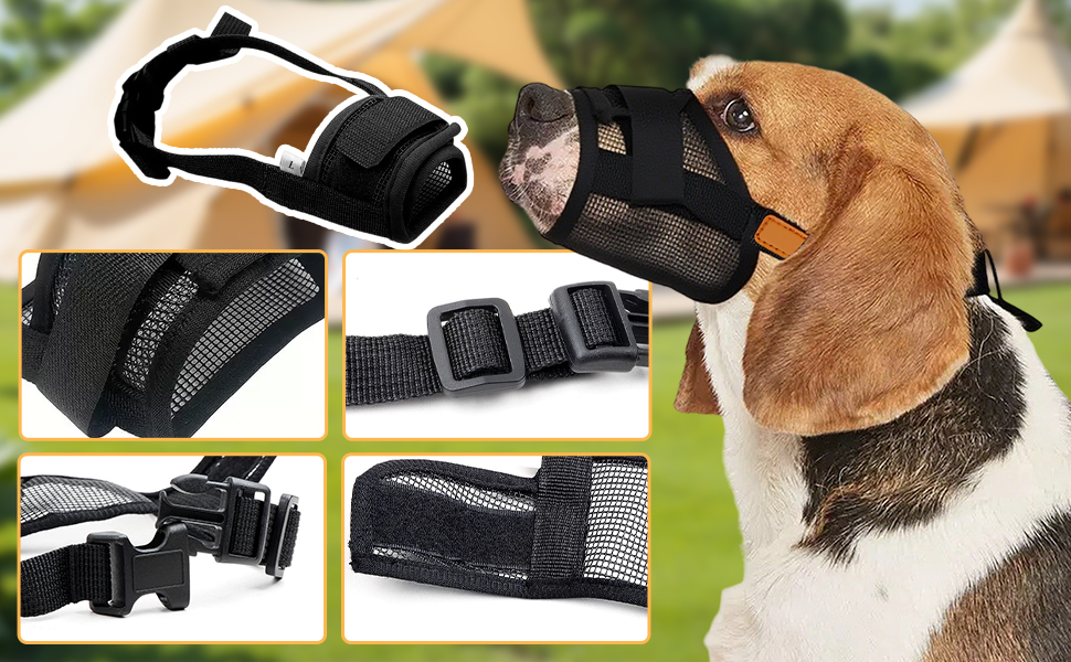 Multiple views of black pet harnesses and leashes being demonstrated on dogs, showing various adjustment points and safety features.