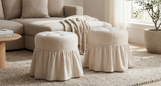 Two cream-colored ottoman poufs with gathered fabric skirts on beige area rug. Living room setting with sofa, white blanket, and potted plant.