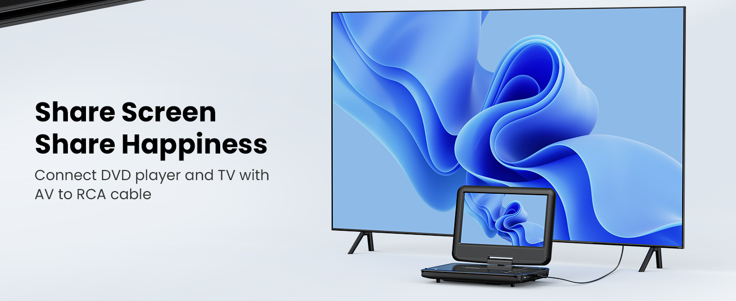TV and laptop connected via AV to RCA cable. Text 'Share Screen Share Happiness' overlaid. TV displays abstract blue curved shapes.