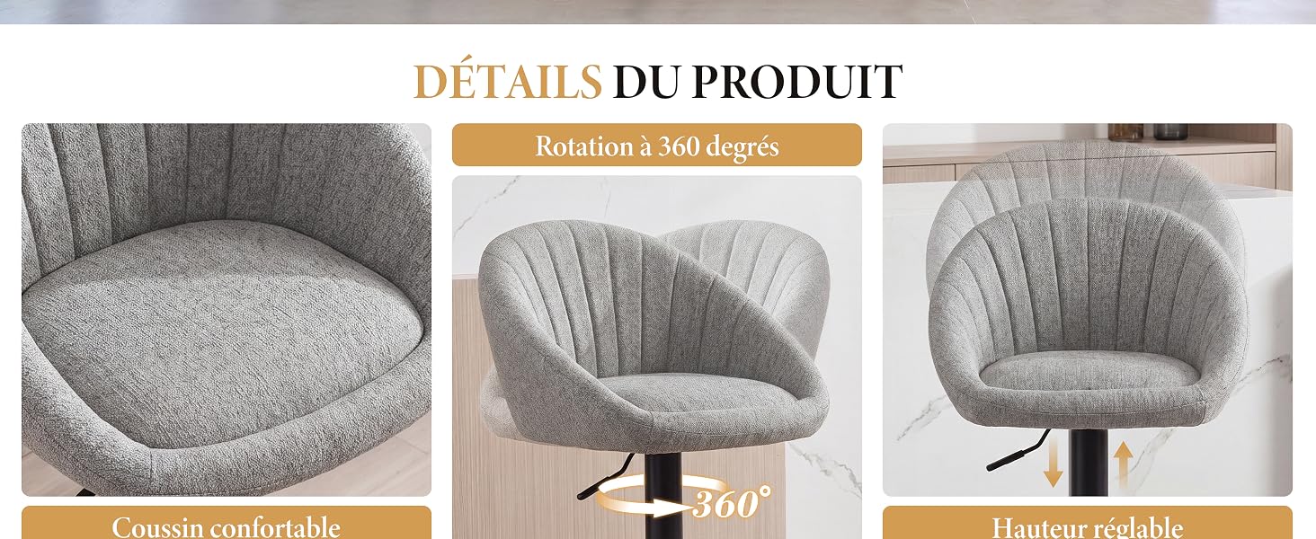 Le texte indique « PRODUIT PAR DÉFAUT ». Trois vues d'une chaise grise en forme de seau tissée sous différents angles, montrant une forme arrondie et un motif de texture tissée.