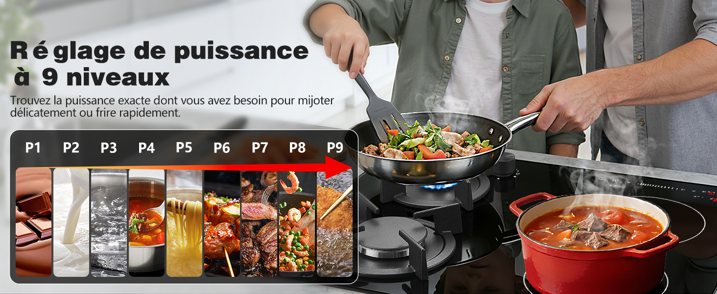Le texte se lit comme suit : « Réglage de puissance à 9 niveaux ». Montre une scène de cuisson avec des casseroles sur la cuisinière et une rangée d'indicateurs de niveau de puissance P1-P9 sous les images des boissons.