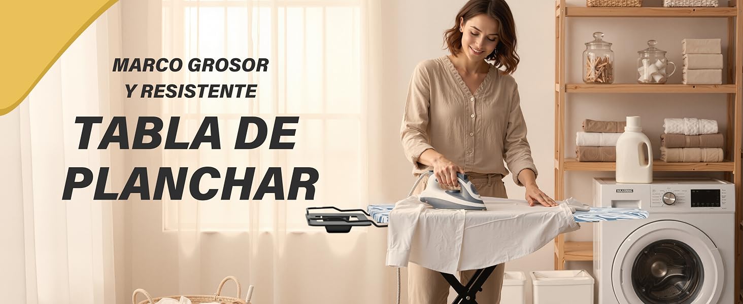 El texto dice «MARCO GRÜSSER», «TABLA DE PLANCHAR». Demostración del producto que muestra la tabla de planchar con varias vistas detalladas y configuraciones de configuración.