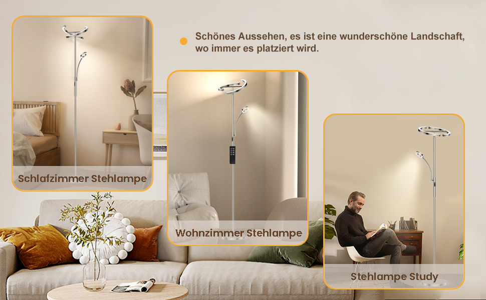 Tall, sleek floor lamp with adjustable arm and LED light. Shown in bedroom, living room, and study settings. Features modern design with slim profile and warm lighting.