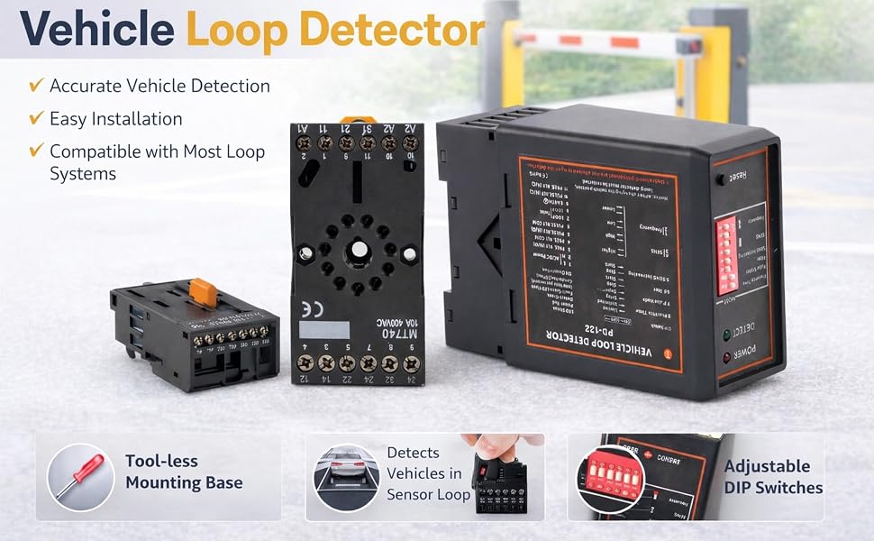 Text reads: 'Vehicle Loop Detector' with bullet points 'Accurate Vehicle Detection', 'Easy Installation', 'Compatible with Most Loop Systems'. Shows three black electronic control units with technical specifications.
