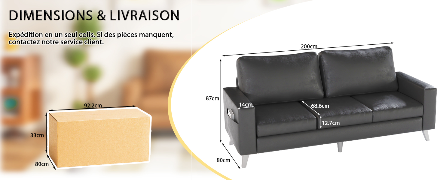 Le texte indique « DIMENSIONS ET LIVRAISON ». Dimensions indiquées pour la boîte d'emballage en carton (couleur bronze/beige) avec indicateurs de mesure, associée à un canapé moderne noir avec coussins et marquages dimensionnels.