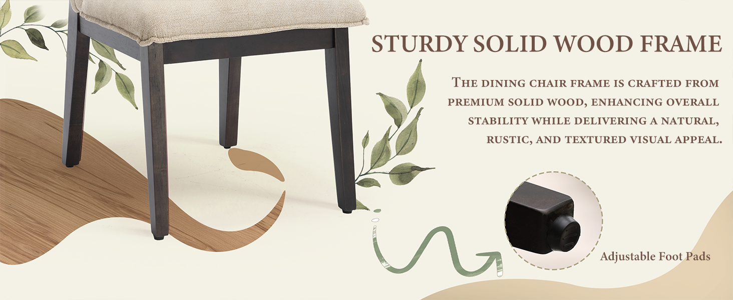Text reads 'STURDY SOLID WOOD FRAME'. Product illustration showing furniture assembly details with wooden frame components and hardware.