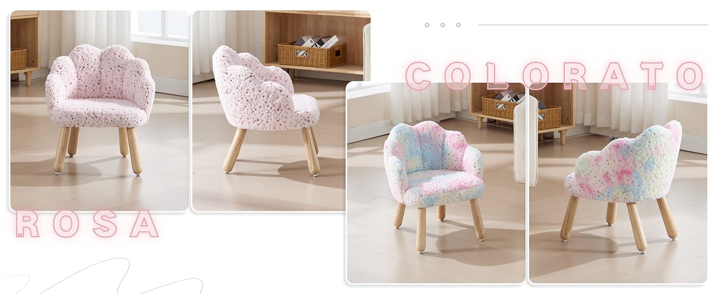 Il testo recita «ROSA». Vedute multiple di una lussuosa poltrona da trucco con rivestimento rosa sfocato e gambe in legno, mostrata da diverse angolazioni.
