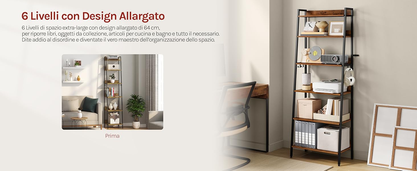 Il testo recita «6 Livelli con Design Allargato». Vedute multiple di una libreria in legno e metallo in stile industriale con 6 ripiani aperti, mostrata in vari ambienti.