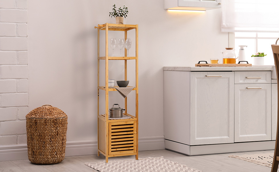 Mobile Bagno Colonna In Bambù - 33x34x169 Cm Con 3 Ripiani E Anta