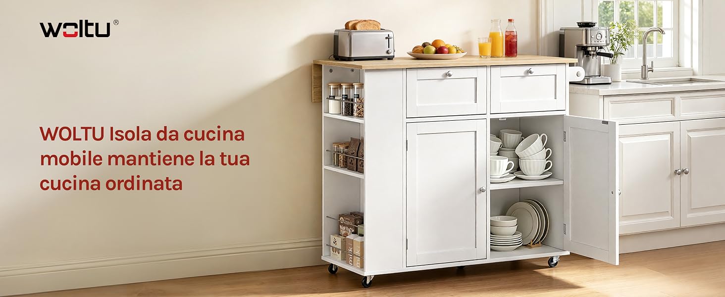 Il testo recita «WOLTU» e «WOLTU isola da cucina mobile mantiene la tua cucina pulita». Isola da cucina mobile bianca con armadi e scaffali in un ambiente da cucina moderno.