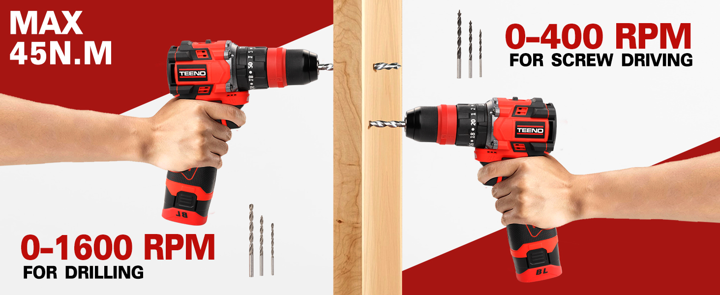 Il testo dice «MAX 45N.M», «0-1600 RPM PER FORATURA», «0-400 RPM PER AVVITAMENTO». Trapano elettrico rosso mostrato in due posizioni che dimostrano diverse funzioni.