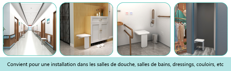 Quatre scènes d'intérieur présentant des accessoires de salle de bain et des couloirs blancs minimalistes, adaptés aux douches, aux salles de bain, aux vestiaires et aux couloirs