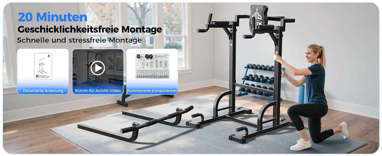 Der Text lautet „20 Minuten Geschicklichkeitsfreie Montage“ und „Schnelle und stressfreie Montage“. Zeigt dieselbe Konfiguration der Heimfitnessgeräte wie Bild 3 aus einem anderen Blickwinkel.