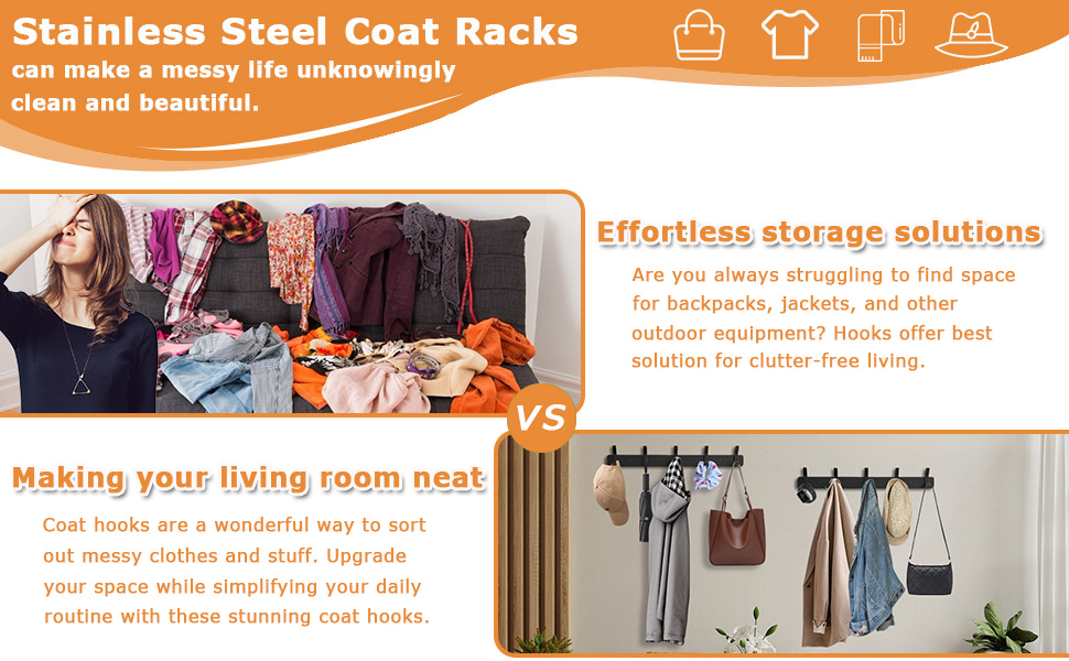 Percheros de acero inoxidable para organizar el hogar, con ejemplos de antes y después que ilustran soluciones de almacenamiento para ropa y accesorios.