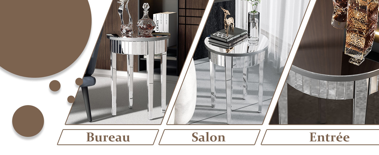 Table d'Appoint Ronde Salon Guéridon Bout de Canapé Miroir en Verre Petit Meuble de Chevet