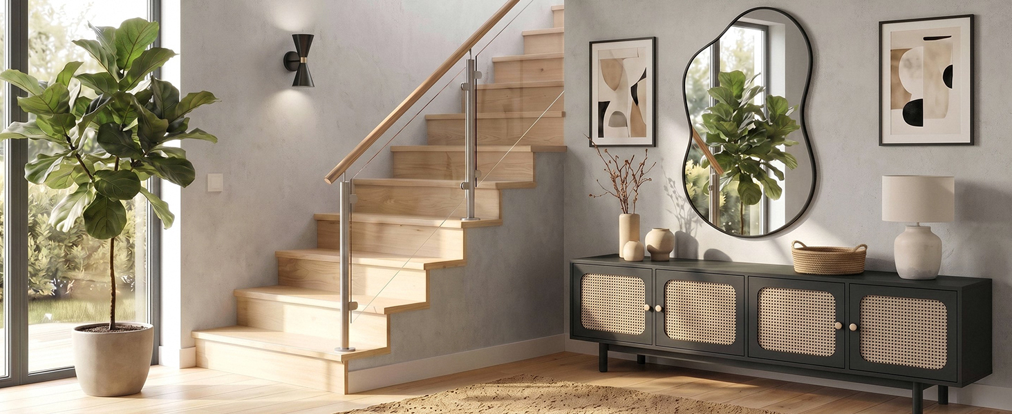 Entrée moderne avec escalier en bois, miroir rond, paniers de rangement tissés sur la console, plantes en pot, art mural et décoration aux tons neutres. Design d'intérieur lumineux et minimaliste.