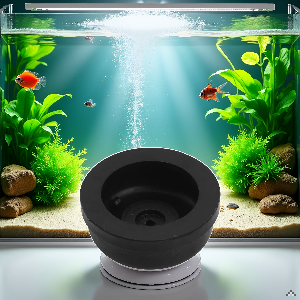 Close-up of a black circular device or mount shown in an aquarium setting with green plants and bright blue water background.