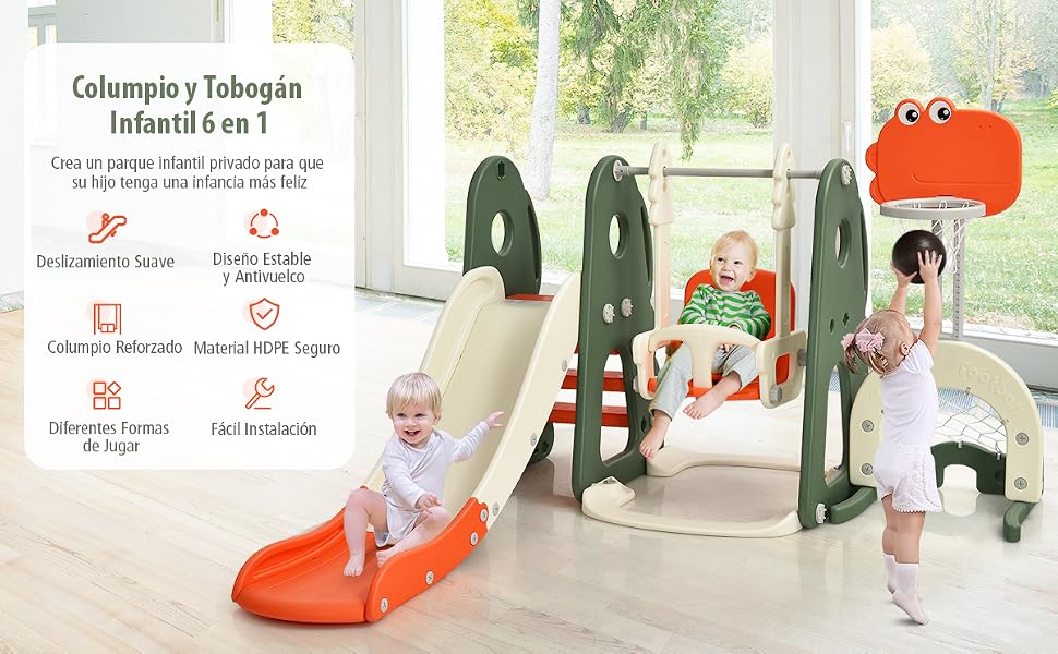 6 en 1 Juego de Tobogán y Columpio Infantil