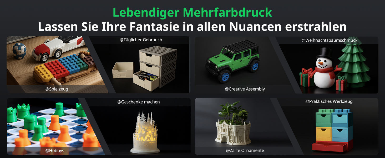 Der Text lautet „Lebendiger Mehrfarbdruck“. Produktpräsentation mit beleuchteten Objekten mit lebendigen Mehrfarbeneffekten und verschiedenen Betrachtungswinkeln.