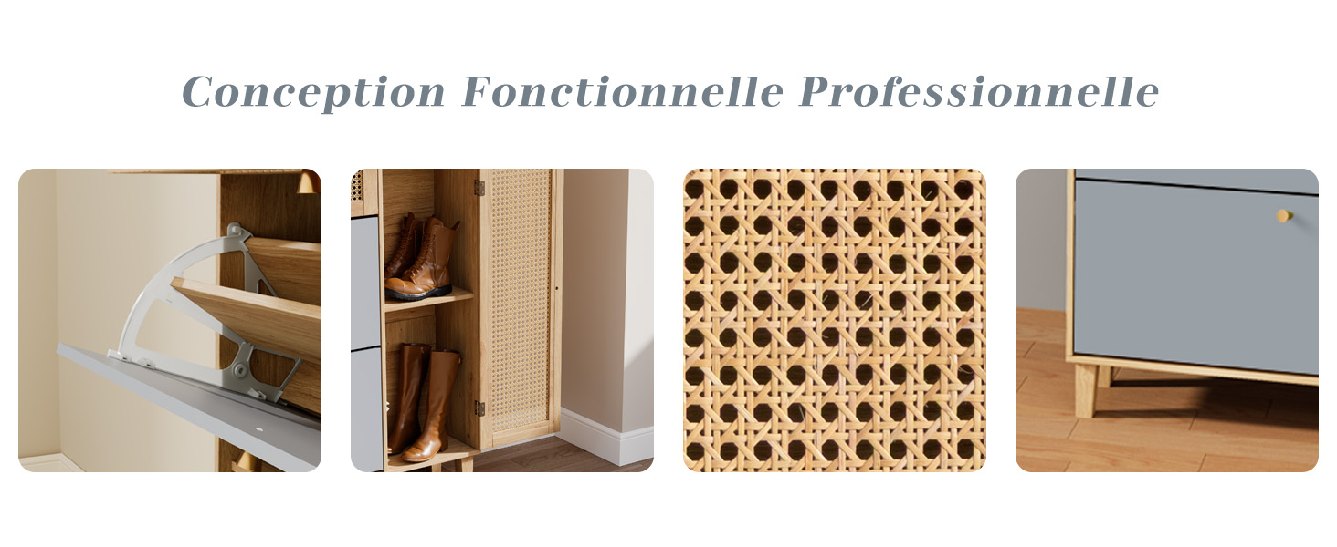 Le texte se lit comme suit : « Conception fonctionnelle professionnelle ». Collage de quatre images de design d'intérieur montrant des détails de meubles, un motif en treillis en bois et des solutions de rangement.