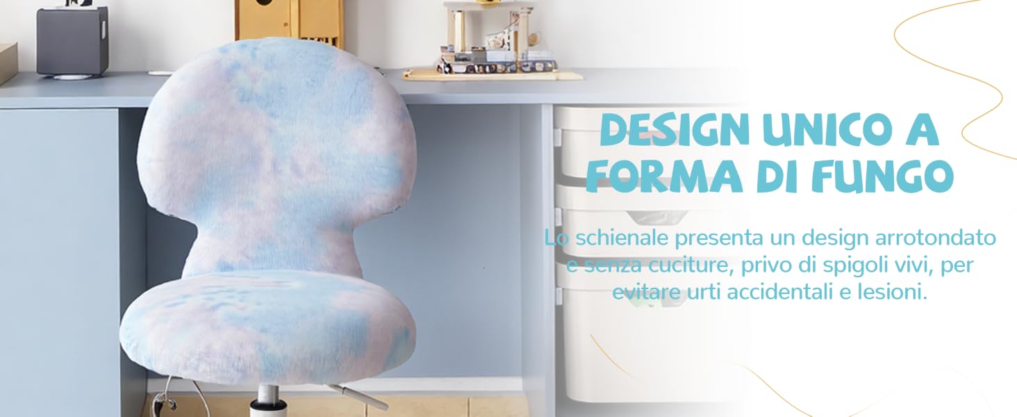 Il testo recita «DESIGN UNICO A FORMA DI FUNGO». Immagini del prodotto che mostrano un oggetto di design bianco a forma di fungo in varie angolazioni su sfondo chiaro.