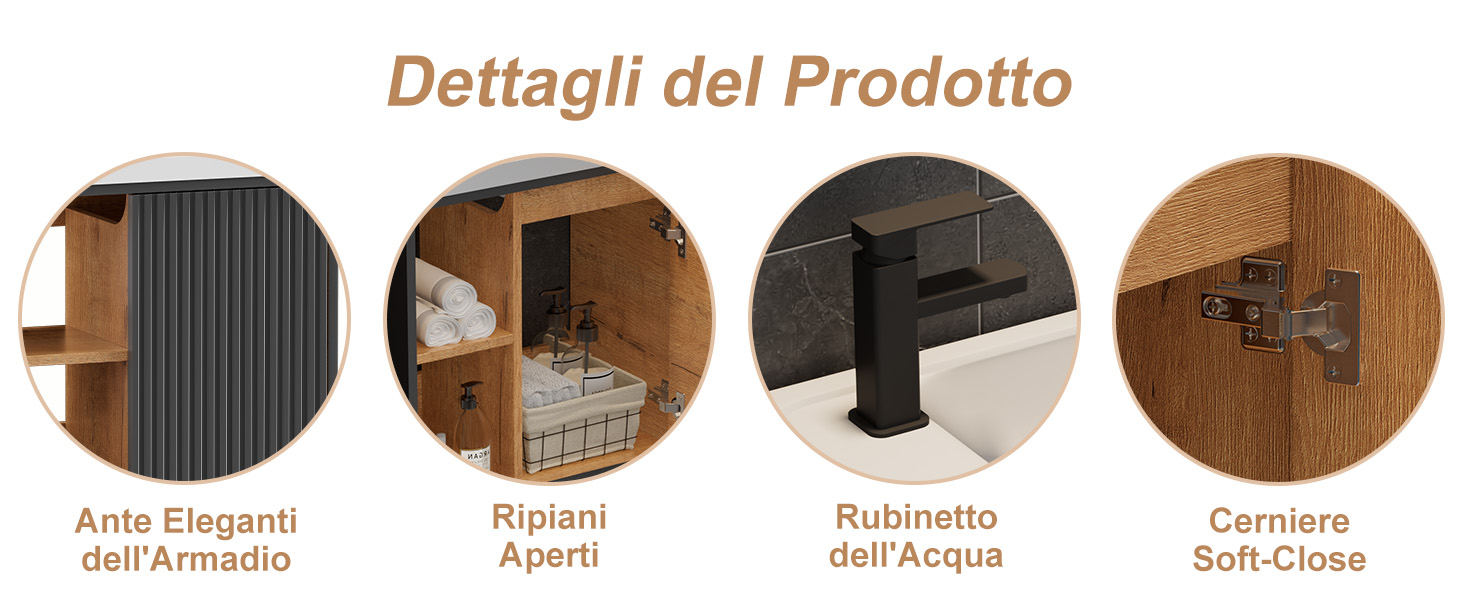 Il testo recita 'Dettagli del Prodotto'. Quattro immagini circolari di dettaglio del prodotto che mostrano: Anti-Eleganti (motivo verticale), Ripiani Aperti (mensola), Rubinetto dell'Acqua (rubinetto), Caminero Soft-Close (mobile).