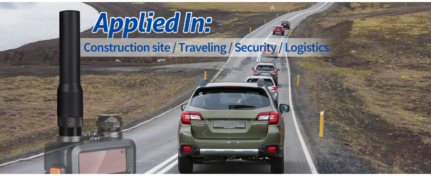 Two-way radio or communication device application image showing usage scenarios for construction, traveling, security, and logistics with highway scene.