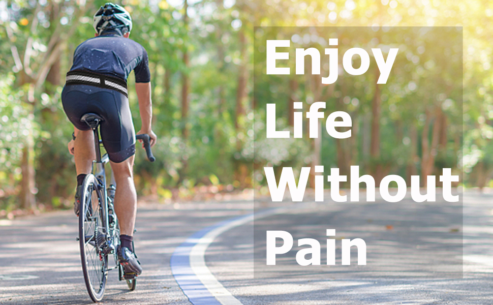 Cyclist riding on a curving road through a forested area. Overlaid text reads 'Enjoy Life Without Pain'.