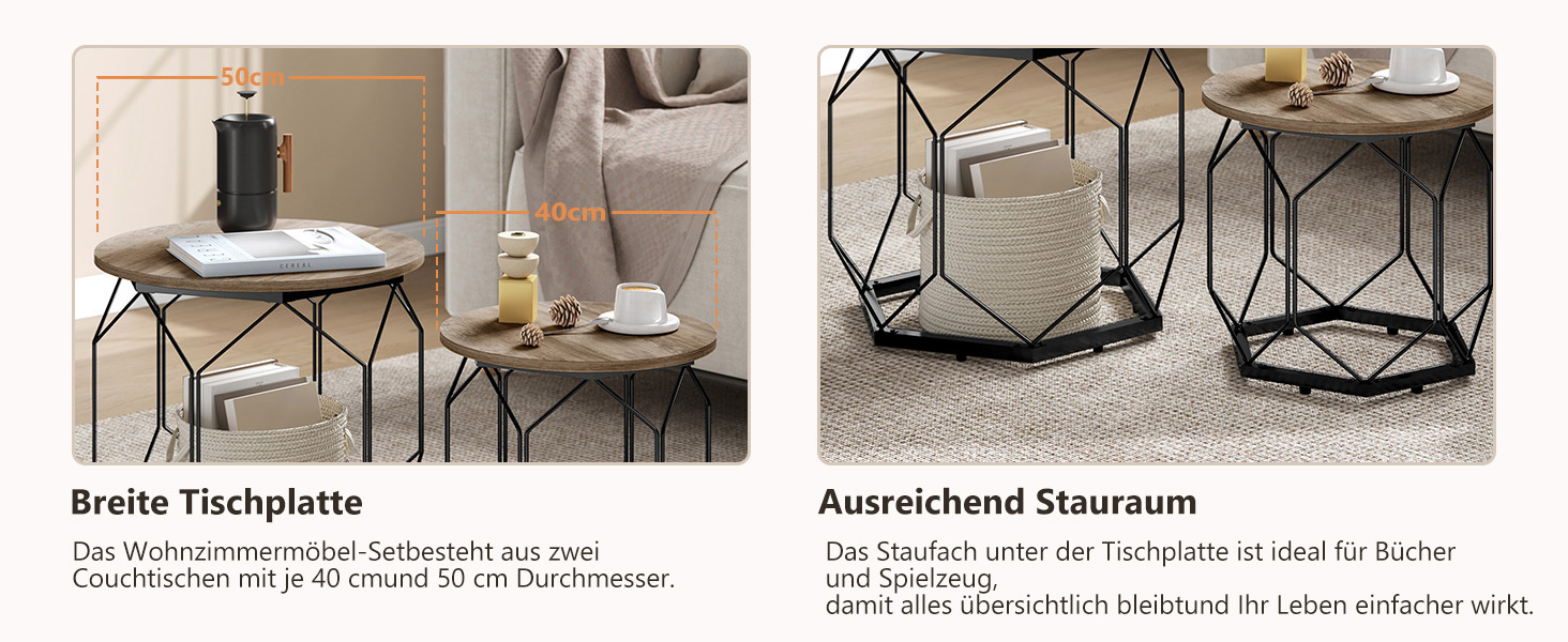 Set moderner runder Beistelltische mit geometrischen schwarzen Metallfüßen und hellen Tischplatten, gruppiert in verschiedenen Größen