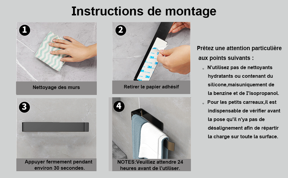 Image pédagogique illustrant les quatre étapes à suivre pour installer un produit sur un mur. Les étapes comprennent le nettoyage, le retrait du support adhésif, une pression ferme et l'attente de 24 heures avant utilisation.