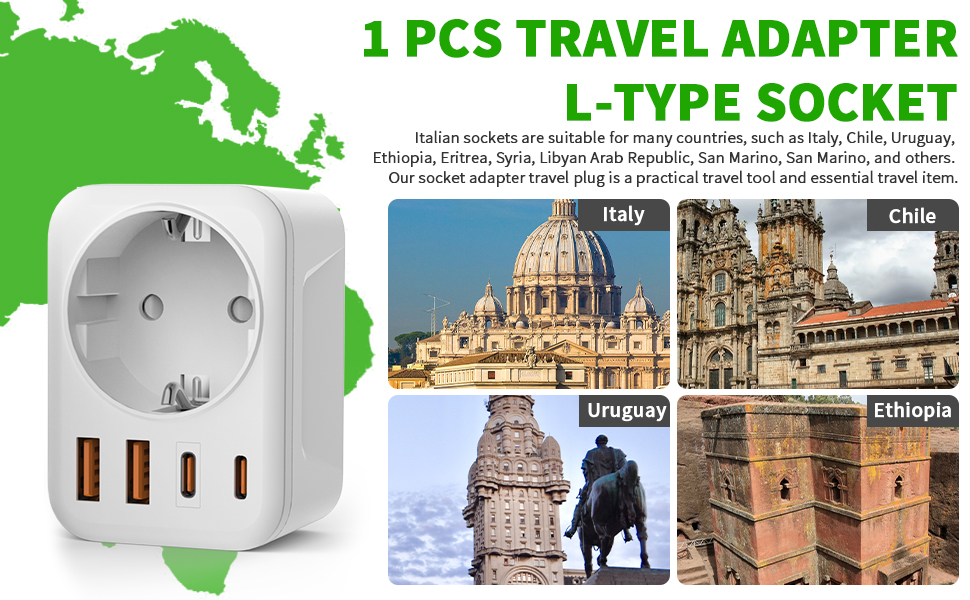 Immagine del prodotto di un adattatore da viaggio con uno sfondo di monumenti europei, che mostra una presa di corrente con porte USB e il testo 