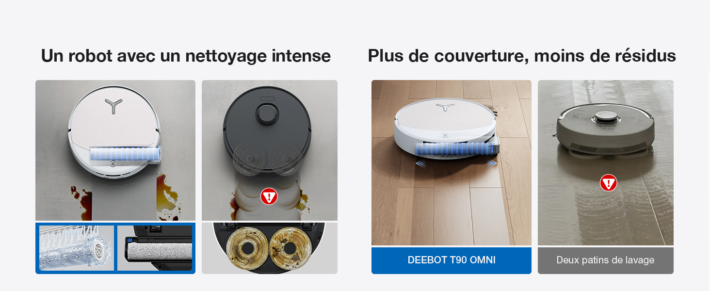 Le texte se lit comme suit : « Un robot avec un nettoyage intense » et « Pas de conversions, moins d'étalons ». Quatre aspirateurs robots, vus de dessus, présentent des modèles blancs et noirs aux motifs différents.